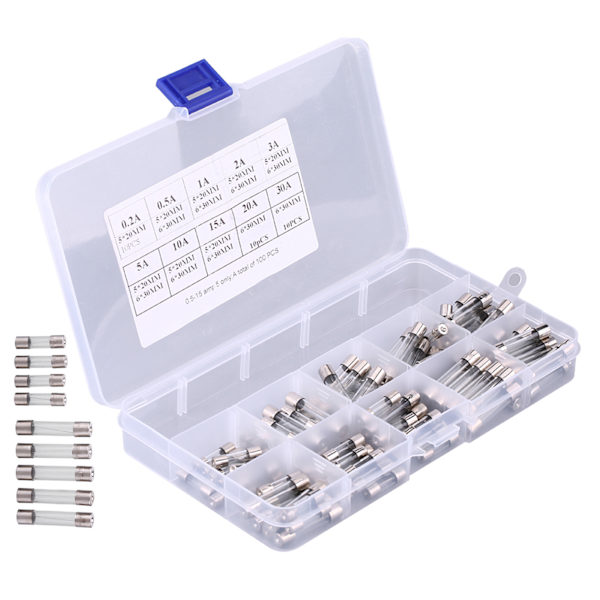 100 stk 5*20mm 6*30mm Sorteringspakning af Bilglassikringer 0,2A 0,5A 1A 2A 3A 5A 10A 15A 20A 30A