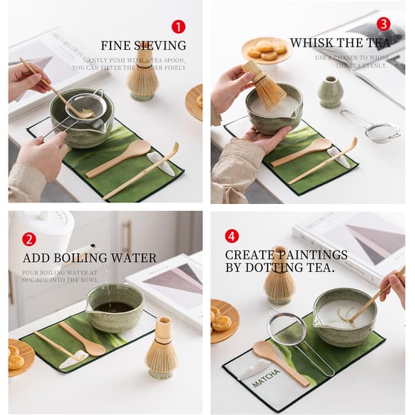 Premium Matcha-set komplett med keramikskål, bambuvisp och hållare, sked, sil och presentask