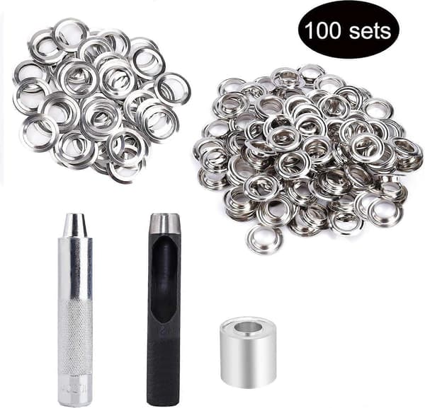 Verktøysett for maljer, 12 mm, 100 sett med maljer og 3 stk. verktøy for maljer