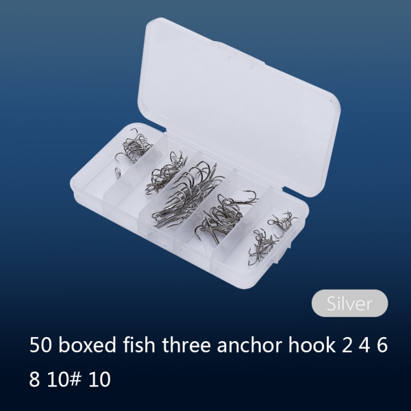 50pcs/Box Fishing Hook Sharpened Treble Hook 5 Sizes 2/4/6/8/10 Fishhook Tackle Silver