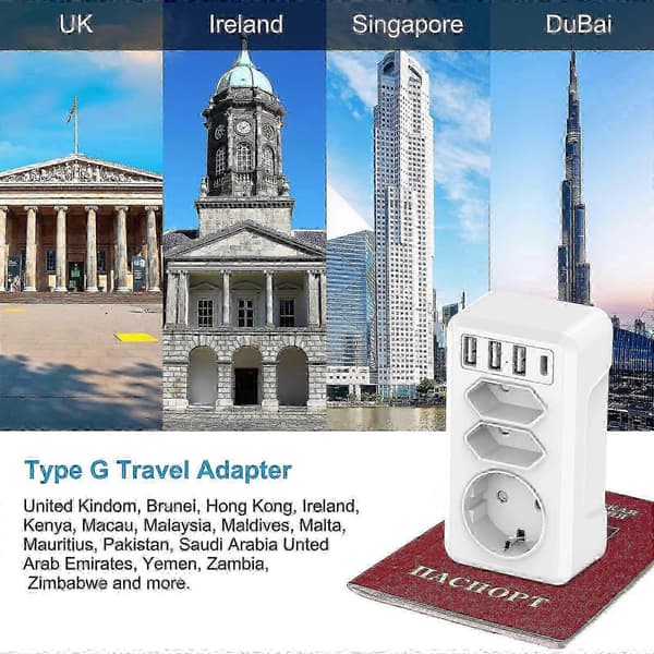 7-i-1 reseadapter med 3 USB och USB-C - Dubai Malaysia Irland kontaktadapter (typ G)