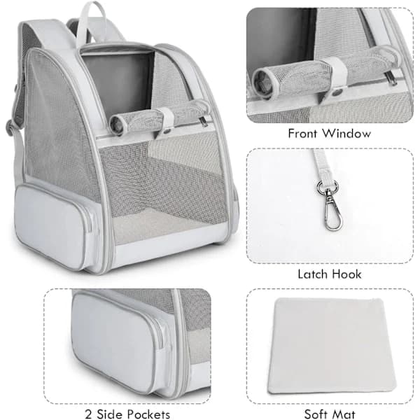 Cat Backpack, Large Pet Backpack with Feather Cat Toy Compatible with Medium Small Dog, Cat, Puppy, Kitten, Rabbit up to 7 kg (Grey)