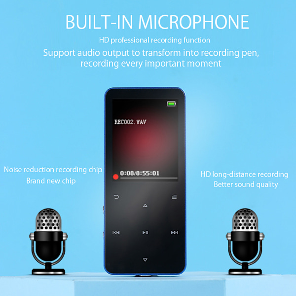 MP3 MP4-spelare med Bluetooth Bärbar HiFi Förlustfri Ljud Musikspelare med FM-radio Röstinspelare