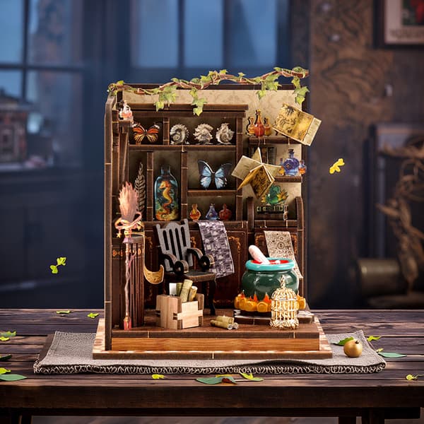 【BEMS】DIY 3D Bokhörnssats Skrivbordsdekorativ Modellprydnad Stugstil Träpussel Potion Workshop