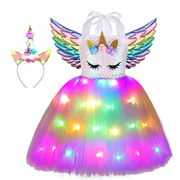 Jente Enhjørning Kostyme LED Lys Ballerina Kle deg ut for Halloween Fest 10T(145-160cm)