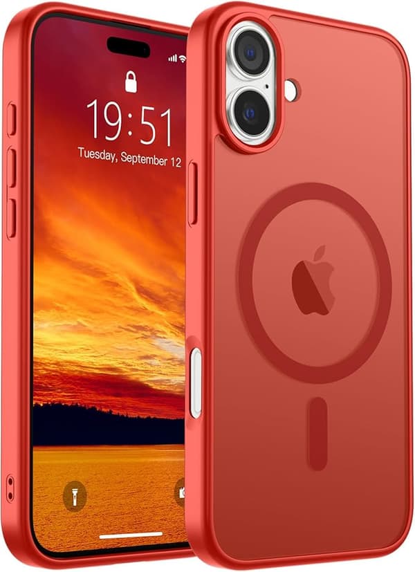 【BEMS】SUPFINE Magnetic Case Compatible with iPhone 16 with Screen Protector, MagSafe Compatible, Military Grade Drop Protection, Matte Shockproof, Red red iphone16