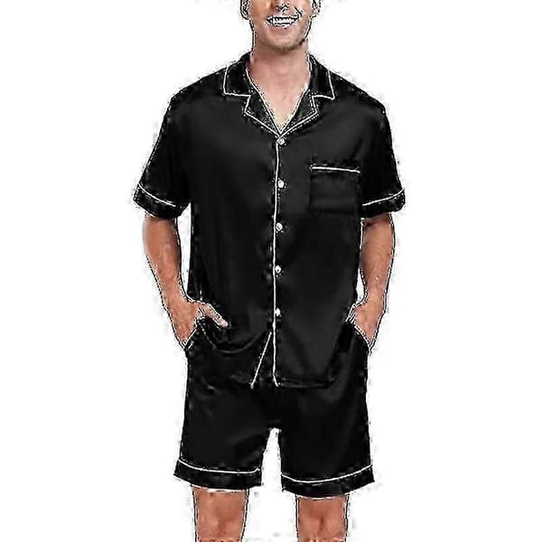 【BEMS】Herre Satin Silke Pyjamas Sæt Kortærmet Nattøj Sort Black L