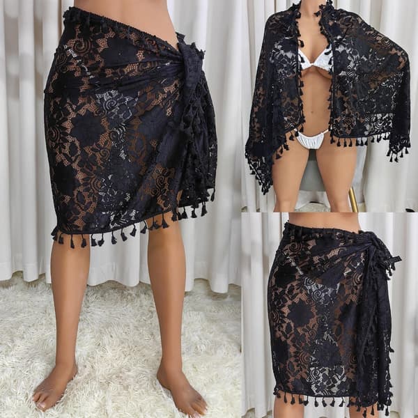 【BEMS】Women's Ruffle Sheer Lace Tassel Skirt Compatible with Beach