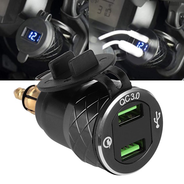 12V-24V Motorsykkel USB-port Strømadapter Sokkel med LED-skjerm EU-plugg Svart