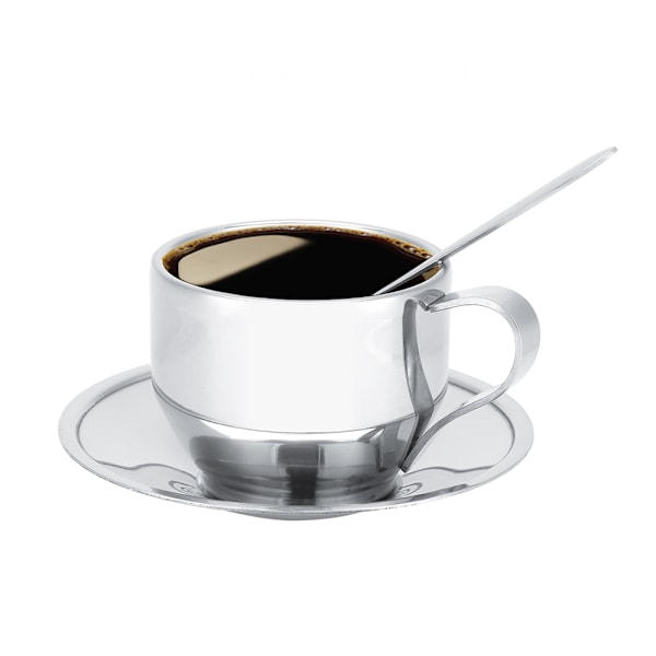 Isoleret Rustfrit Stål Kaffe Kop Sæt med Underkop og Ske
