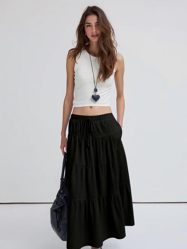 【BEMS】Kvinders Boho Flowy Maxi Nederdel Flared Ruffle Elastik Talje Sommer A-linje Forår Lange Nederdele Sort S Black S