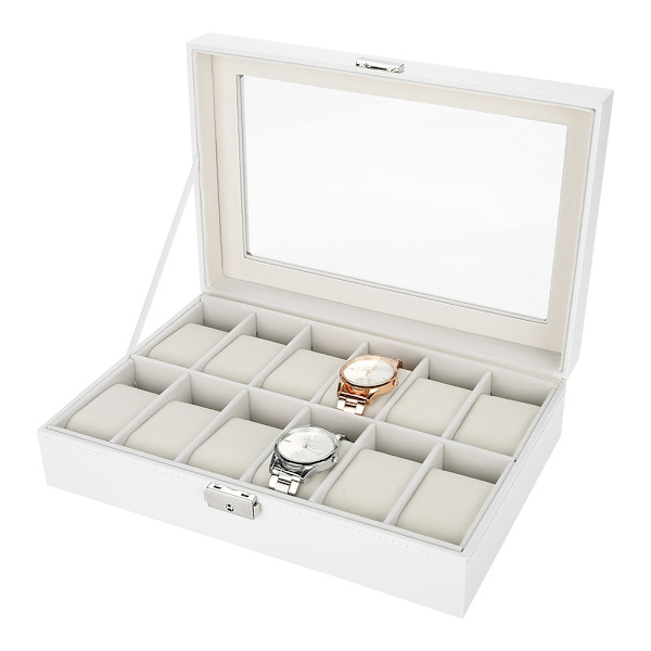 12 Fack PU-Läder Urhållare Armbandsur Displayfodral Smycken Present Förvaringslåda Organizer