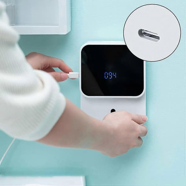 Automatisk tvålpump, väggmonterad automatisk tvålpump 280 ml, digital temperaturdisplay, typ-C-laddning