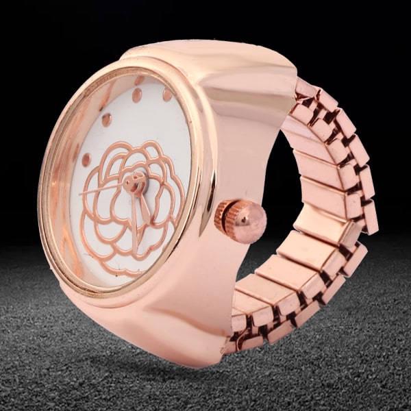 Finger Ring Watch Rund Urskive Rose Flower Pattern Women Finger Quartz WatchRose Gold 2.0
