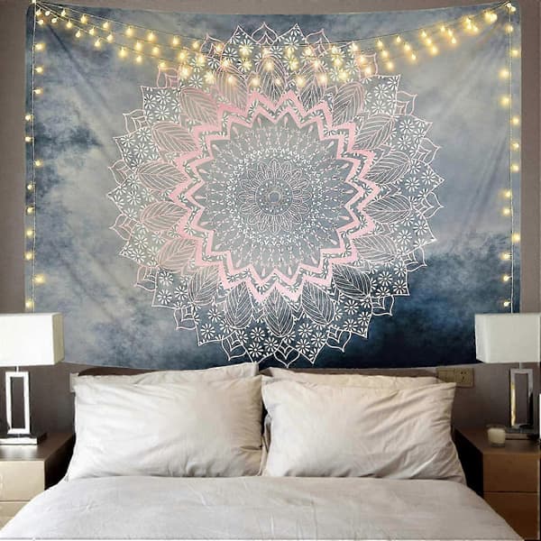【BEMS】Bøhmisk Lotus Veggteppe Dekor Grå Rosa Blomsterdesign