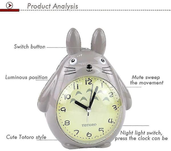 Wekity for Totoro-tema, slumrefunksjon, stille og LED-nattlys, beste gave til barn, tenåringer og venner, grå