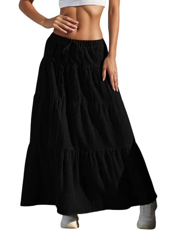【BEMS】Kvinders Boho Flowy Maxi Nederdel Flared Flæse Elastik Talje Sommer A-linje Forår Lange Nederdele Sort M Black M