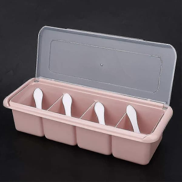 Krydderboks med 4 rom, krydderhylle, organisator, krydderbeholder, 11,42 * 4,53 * 2,76 tommer Pink