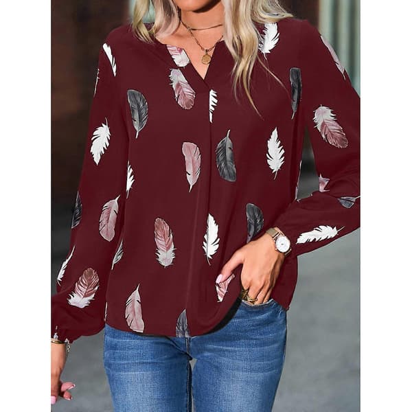 Forår Sommer Casual Dame Skjorter med Fjerprint Mode Pendling Elegant V-hals Langærmede Åndbare Bluser Lyseblå XL light blue XL