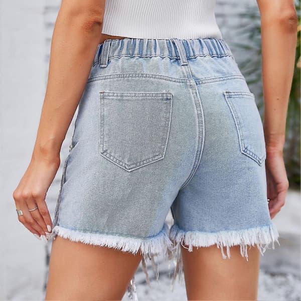 Dame Casual Shorts Polyester Komfortable Bløde Rhinestone Perlebesatte Flæseshorts Til Shopping Blå L