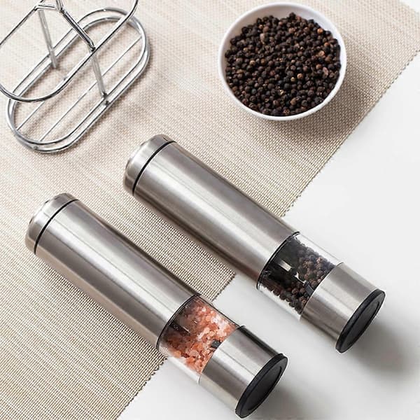 Elektrisk salt- og pepperkvern, sett med 2 kverner i rustfritt stål, LED-lys, justerbar grovhet, gratis kvernstativ Multicolor