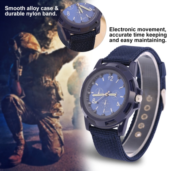 Elektronisk analog armbåndsur, rund nylonrem, militærarmbåndsur (blå)/