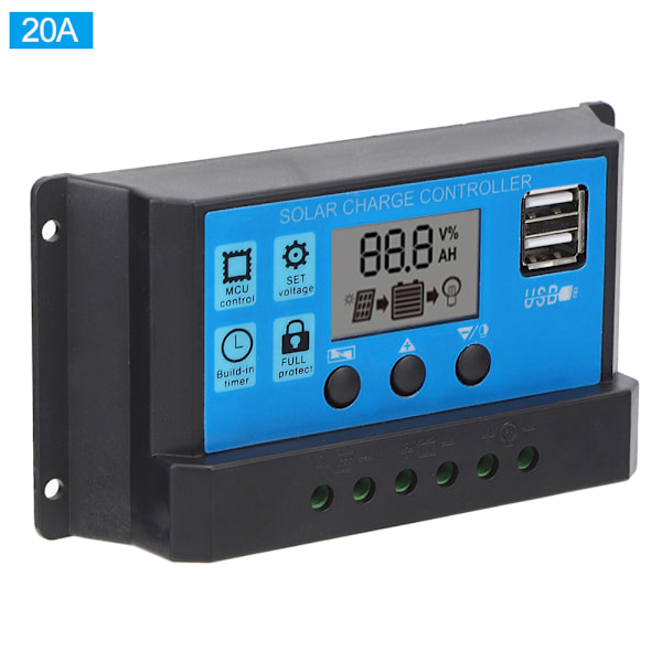 Solcelleladningsregulator LCD Dobbelt USB PWM Cellepanelregulator med Automatisk Belastningsidentifikation 12V 24V20A