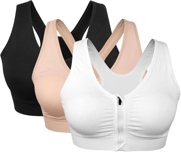 3-pack Sports Bra Compatible with Women with Front Zipper, Wireless, Comfortable Post-Surgery Bra with Removable Pads A A-FA- A A[BEMS] A XL