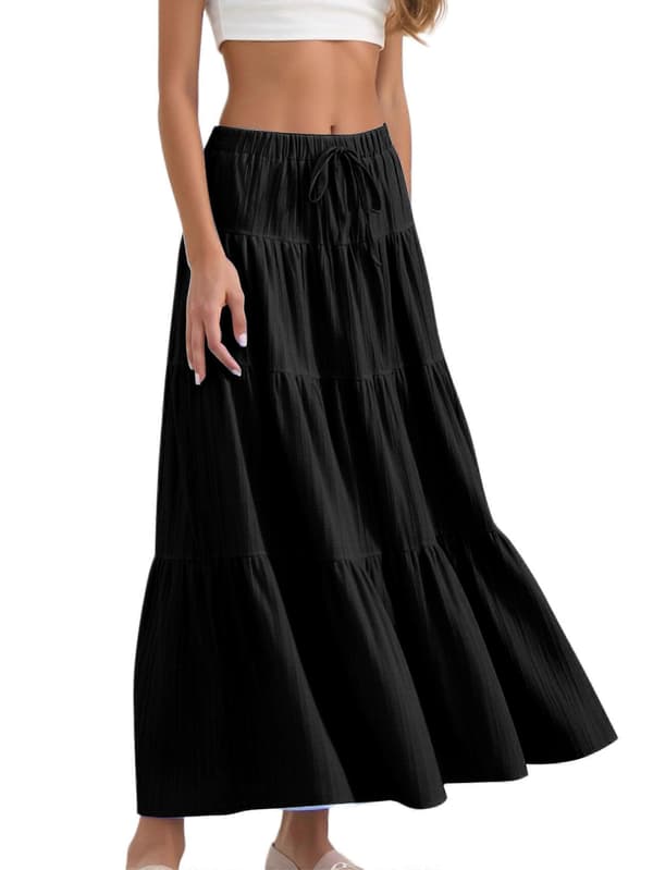 【BEMS】Kvinders Boho Flowy Maxi Nederdel Flared Flæse Elastik Talje Sommer A-linje Forår Lange Nederdele Sort M Black M