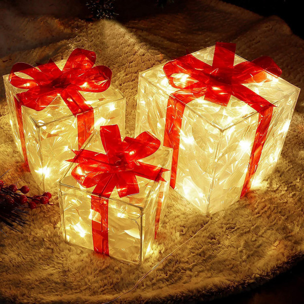 Set med 3 julupplysta presentaskar Dekorationer Transparenta upplysta lådor med röda rosetter Julgranskjolprydnad Julgransfest Juldekor/