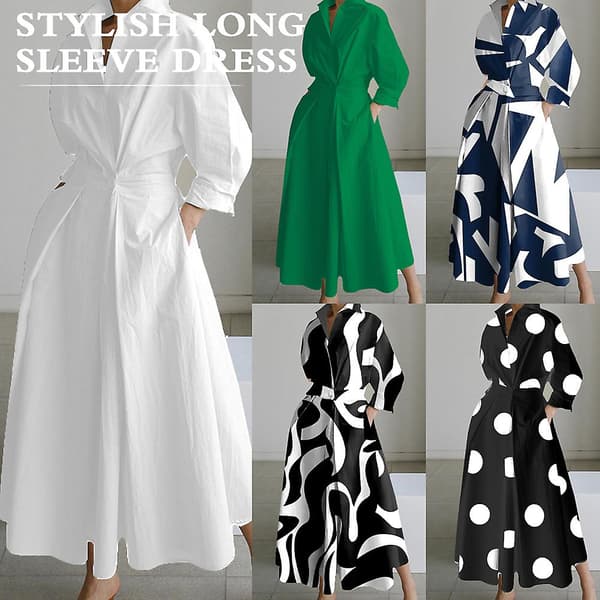 【BEMS】V-ringad tryckt klänning för kvinnor Elegant midjesmalnande klänning för shopping Black S