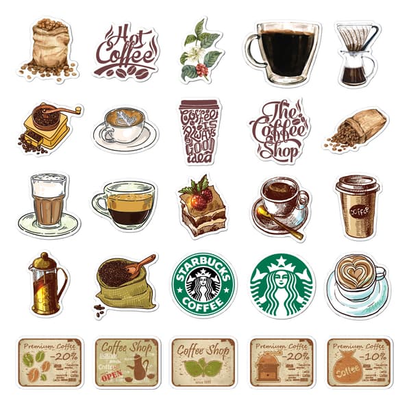 【BEMS】Vintage Coffee and Water Cup Stickers, 50 Sheets J
