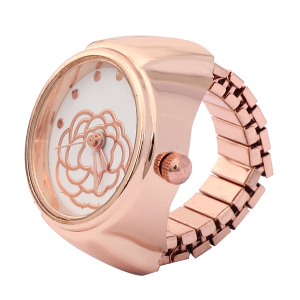 Finger Ring Watch Round Dial Rose Flower Pattern Women Finger Quartz WatchRose Gold -+
