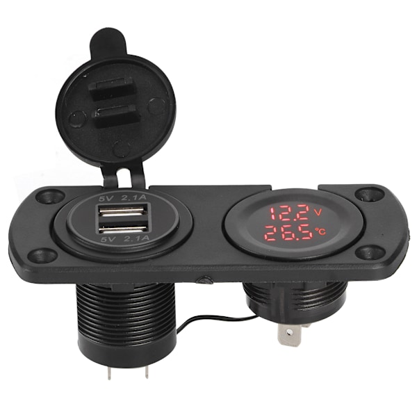 Temperatur Voltmeter Lader Bil Dobbel USB 12V Strømuttak Sigarettenneruttak Rød