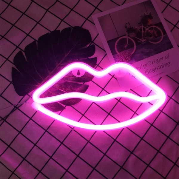 Pink Lips Neon Light, Lips Sign Neon Night Light Neon Pink Seinävalo Led Romanttinen Art Deco Neonvalo Paristo tai USB käyttöinen Led Valo