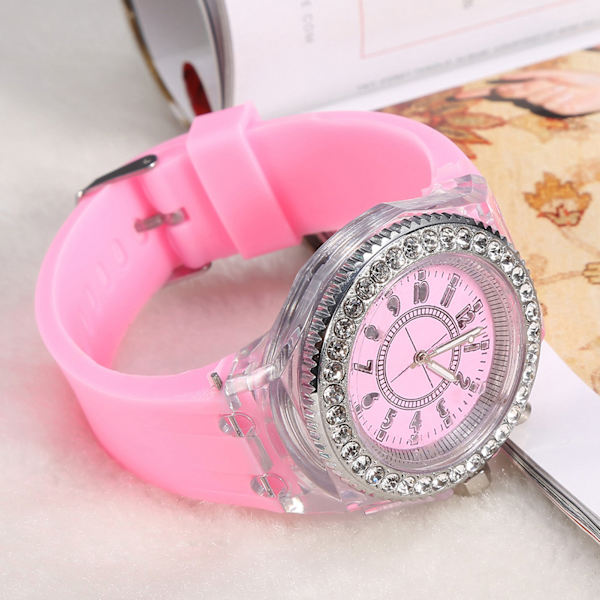 Klocka för flickor med LED-bakgrundsbelysning, rund urtavla i kvarts, silikonarmband (rosa)
