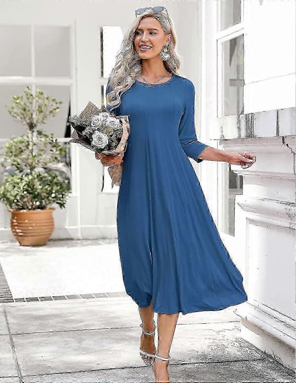 Damekjole med 3/4-ermer og A-linjeform og utsvingt midikjole_ms572d Navy XL