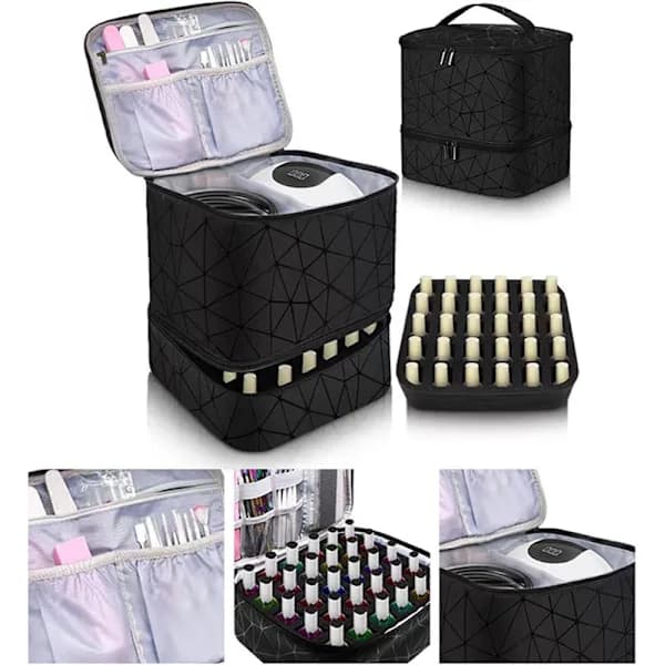 Manikyrset och Kompatibel medvaring, nagellacksväska rymmer 30 flaskor nagellack och nagellampa, dubbellagers nagellåda, SD White