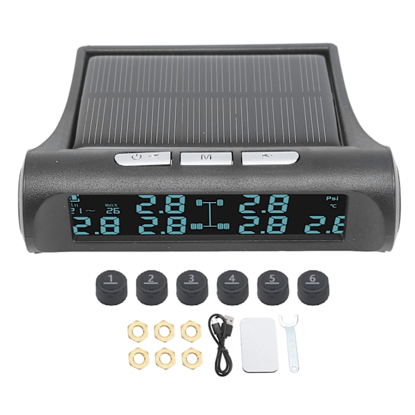 Trådlös solenergi TPMS LCD-skärm 6-sensor däcktrycksövervakningssystem IP68 vattentät monitor för husbilsvagnar skåpbil SUV pickupbuss