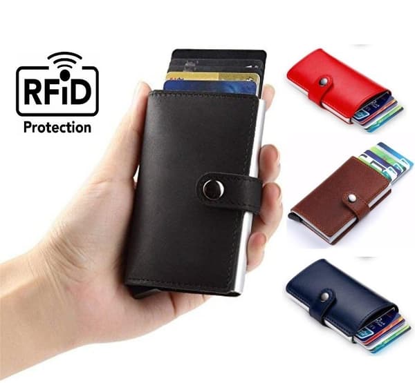 Pop Up Card Holder Aluminum Leather RFID & NFC Protection Bill Compartment Blå blue