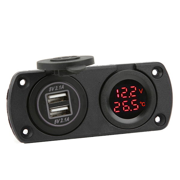 Temperatur Voltmeter Lader Bil Dobbel USB 12V Strømuttak Sigarettenneruttak Rød