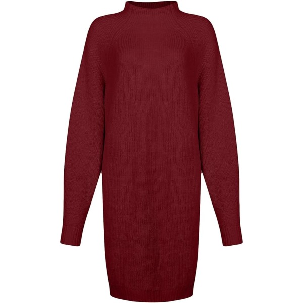 BE-Womens sweaterkjole rullekrave kabelstrik Plus Size fest sexet minikjole Wine red XXL