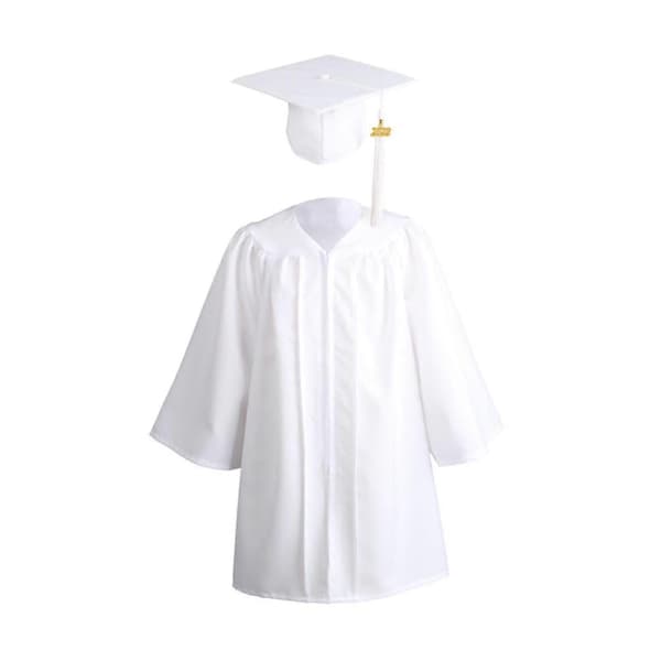 1 sett eksamensdrakt med glidelås og hatt i polyester for barn, akademisk drakt White L