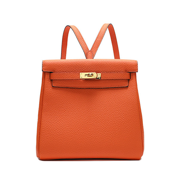 Elegant Orange Læder Rygsæk til Kvinder med Spænde 24x21x13cm Orange