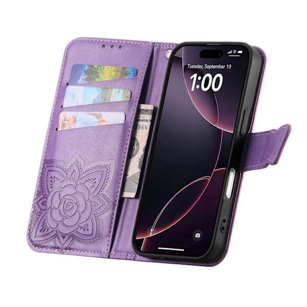 【BEMS】Compatible with iPhone 17 Case Leather Case with Embossed Butterfly Flower Lavendel