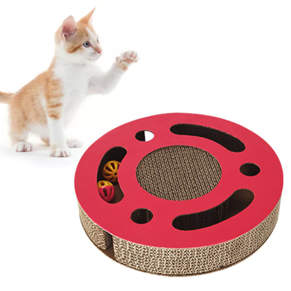 TIMH Cat Scratcher Pad Legetøj 3 i 1 interaktivt fortykket rund bølgepap killing kradselegetøj med klokkebold rød