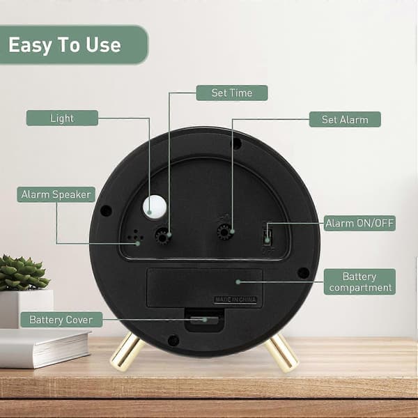 Non-ticking Analog Alarm Clock, Metal Alarm Clock with Night Light, Silent Alarm Clock (Green)