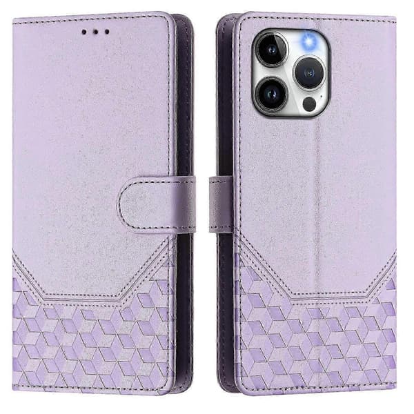 Kompatibel med iPhone 15 Pro Max-cover, præget bikagemønster, RFID-blokerende læderetui med rem (lyslilla)