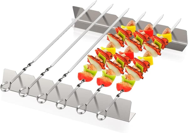 Grillspydsæt i rustfrit stål, kebabspyd med stativ, grilltilbehør med 6 spyd og ramme [BEMS]