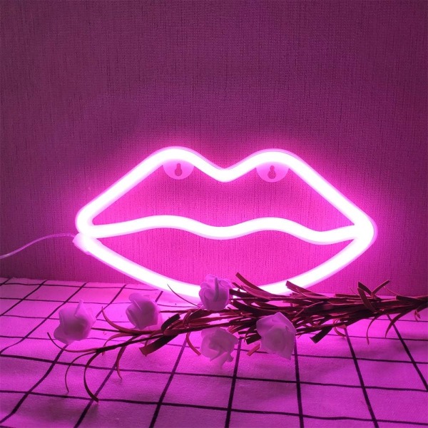 Pink Lips Neon Light, Lips Sign Neon Night Light Neon Pink Seinävalo Led Romanttinen Art Deco Neonvalo Paristo tai USB käyttöinen Led Valo